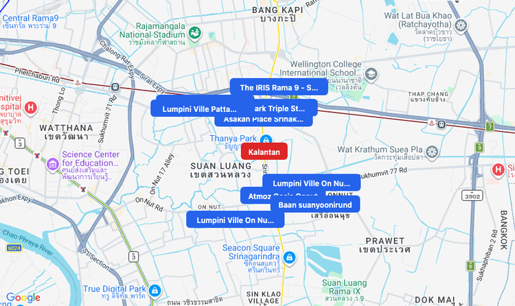 Screenshot of Kalantan (MRT Yellow) area showing nearby condos and landmarks in Bangkok