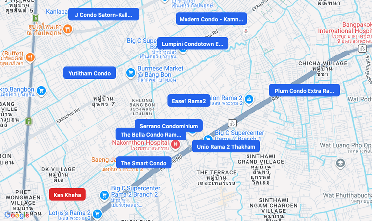 Screenshot of Kan Kheha (SRT Red) area showing nearby condos and landmarks in Bangkok