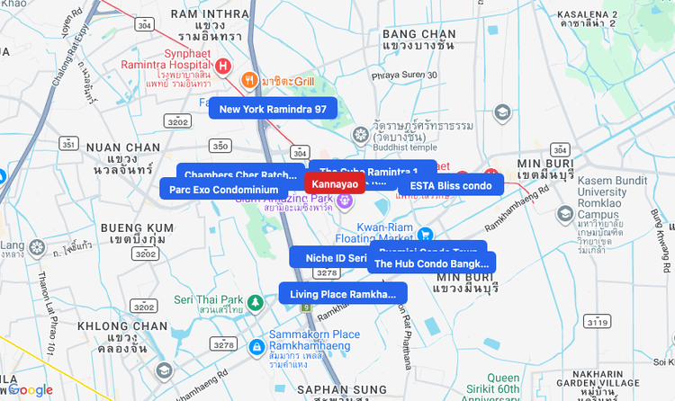 Screenshot of Kannayao (area) area showing nearby condos and landmarks in Bangkok