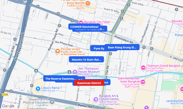 Screenshot of Kasemsan District (area) area showing nearby condos and landmarks in Bangkok