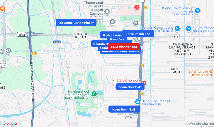 Screenshot of Kave Wonderland (area) area showing nearby condos and landmarks in Bangkok