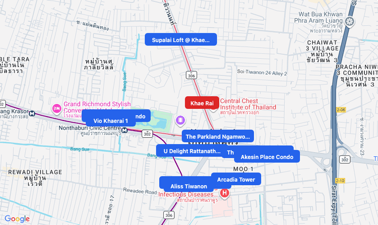 Screenshot of Khae Rai (MRT Pink) area showing nearby condos and landmarks in Bangkok