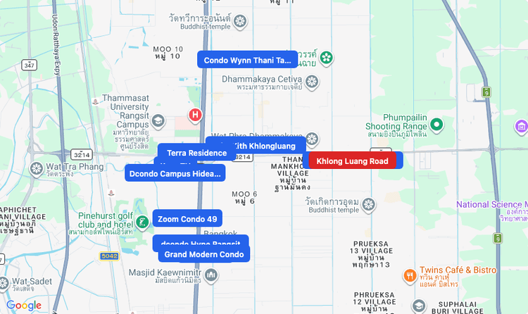 Screenshot of Khlong Luang Road (area) area showing nearby condos and landmarks in Bangkok
