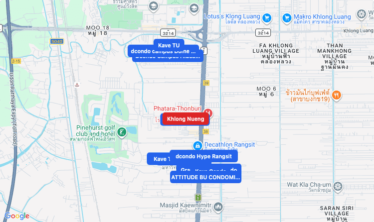 Screenshot of Khlong Nueng (area) area showing nearby condos and landmarks in Bangkok