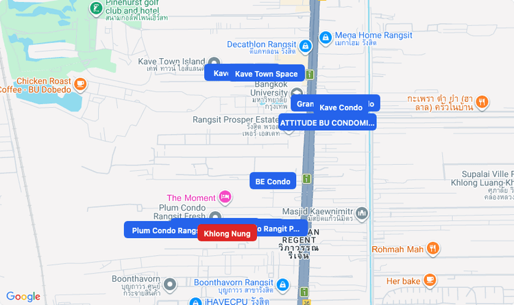 Screenshot of Khlong Nung (area) area showing nearby condos and landmarks in Bangkok