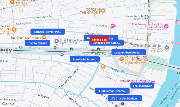 Screenshot of Khlong San (area) area showing nearby condos and landmarks in Bangkok