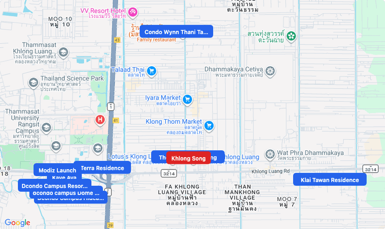 Screenshot of Khlong Song (area) area showing nearby condos and landmarks in Bangkok