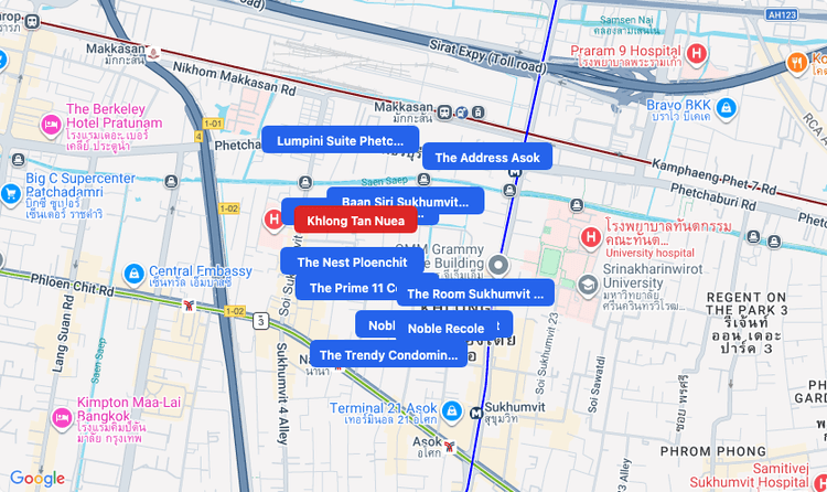Screenshot of Khlong Tan Nuea (area) area showing nearby condos and landmarks in Bangkok