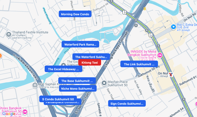 Screenshot of Khlong Toei (area) area showing nearby condos and landmarks in Bangkok