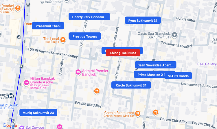 Screenshot of Khlong Toei Nuea (area) area showing nearby condos and landmarks in Bangkok