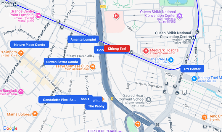 Screenshot of Khlong Toei (MRT Blue) area showing nearby condos and landmarks in Bangkok