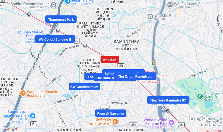 Screenshot of Khu Bon (MRT Pink) area showing nearby condos and landmarks in Bangkok