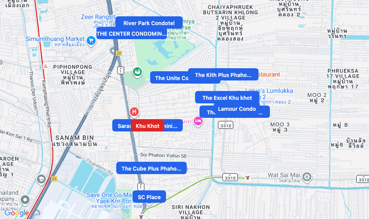 Screenshot of Khu Khot (area) area showing nearby condos and landmarks in Bangkok