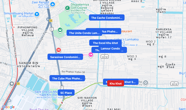 Screenshot of Khu Khot (BTS Sukhumvit (Green)) area showing nearby condos and landmarks in Bangkok