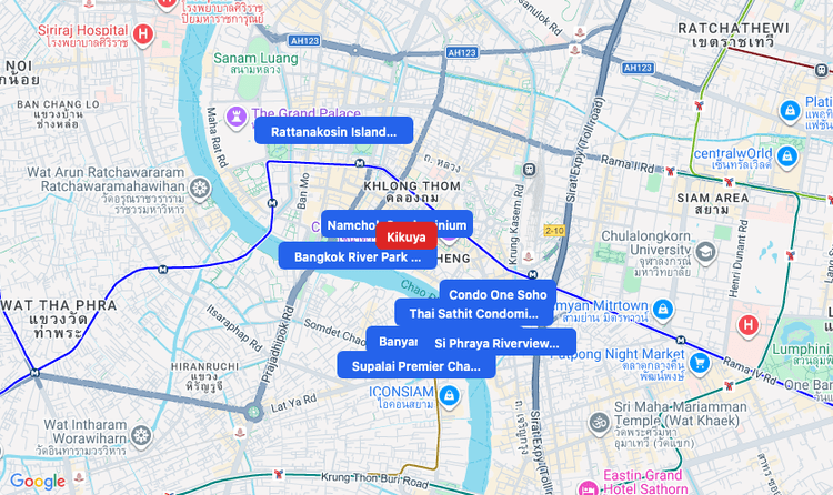 Screenshot of Kikuya (shopping) area showing nearby condos and landmarks in Bangkok