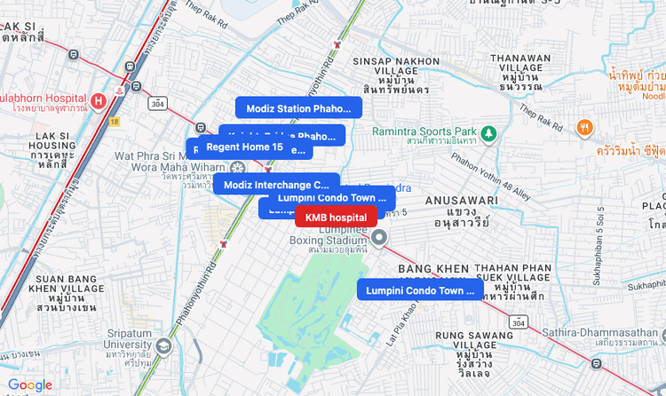 Screenshot of KMB hospital (hospital) area showing nearby condos and landmarks in Bangkok