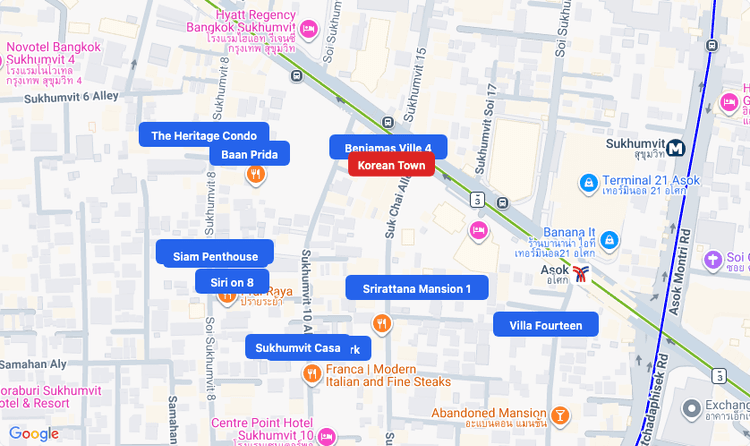 Screenshot of Korean Town (shopping) area showing nearby condos and landmarks in Bangkok