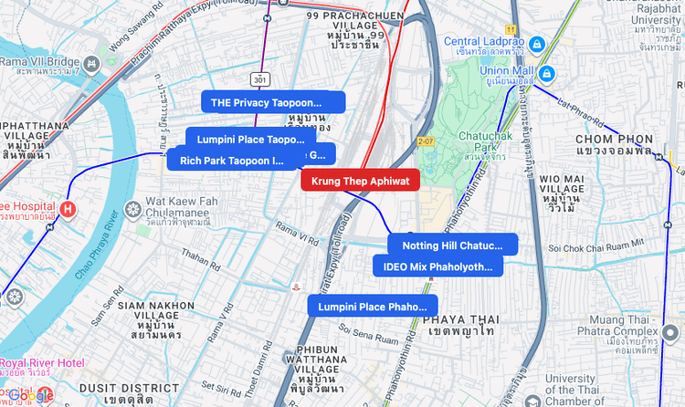 Screenshot of Krung Thep Aphiwat (SRT Red) area showing nearby condos and landmarks in Bangkok