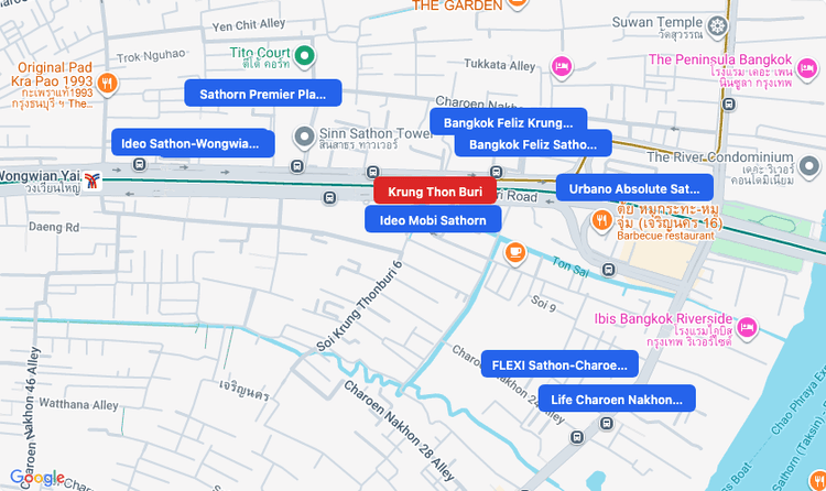 Screenshot of Krung Thon Buri (BTS Silom (Green)) area showing nearby condos and landmarks in Bangkok