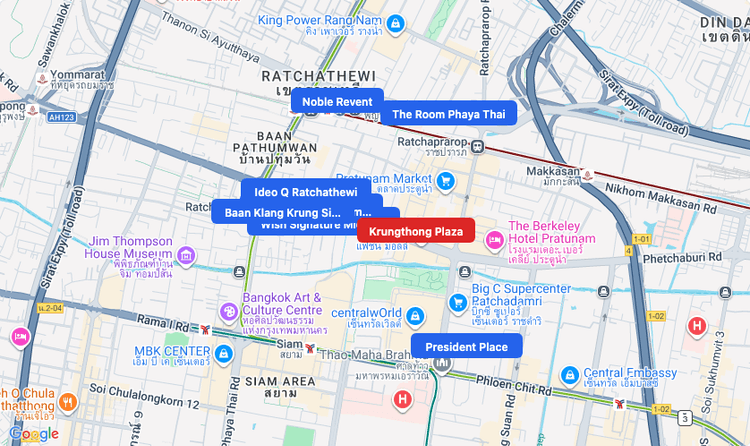 Screenshot of Krungthong Plaza (shopping) area showing nearby condos and landmarks in Bangkok