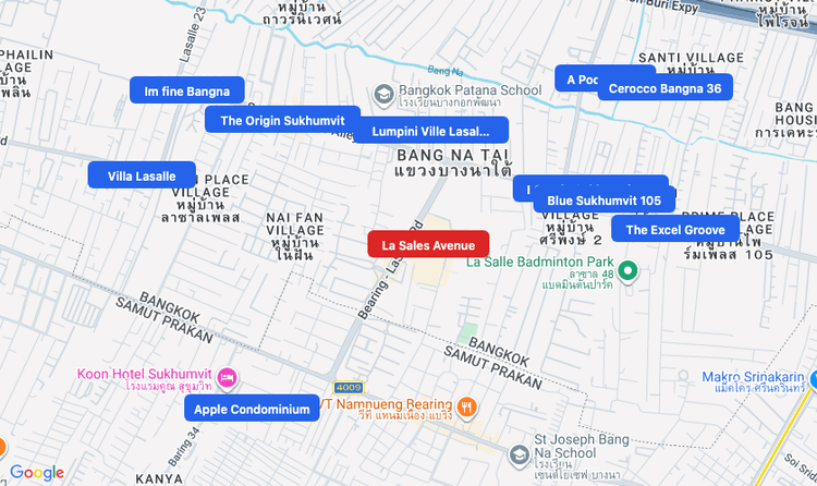 Screenshot of La Sales Avenue (shopping) area showing nearby condos and landmarks in Bangkok