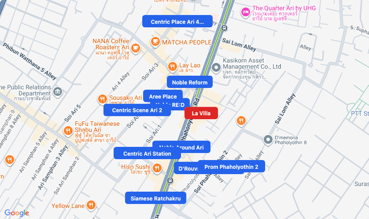 Screenshot of La Villa (shopping) area showing nearby condos and landmarks in Bangkok