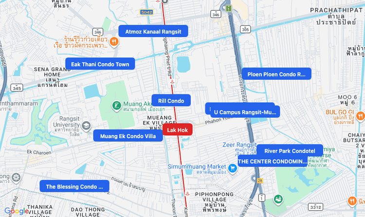Screenshot of Lak Hok (SRT Red) area showing nearby condos and landmarks in Bangkok