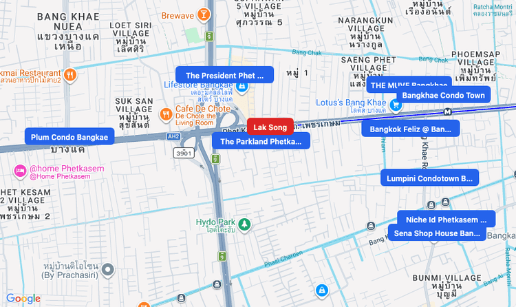 Screenshot of Lak Song (BTS Silom (Green), MRT Blue) area showing nearby condos and landmarks in Bangkok