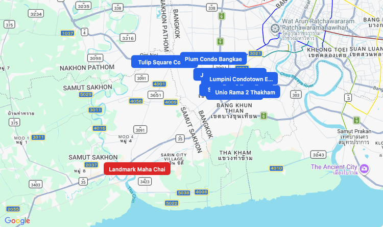 Screenshot of Landmark Maha Chai (shopping) area showing nearby condos and landmarks in Bangkok