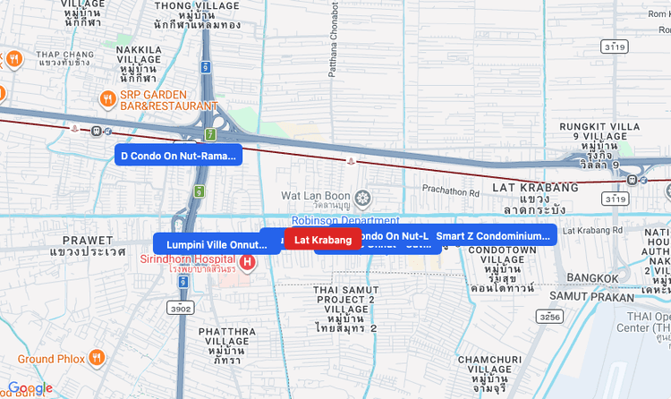 Screenshot of Lat Krabang (area) area showing nearby condos and landmarks in Bangkok