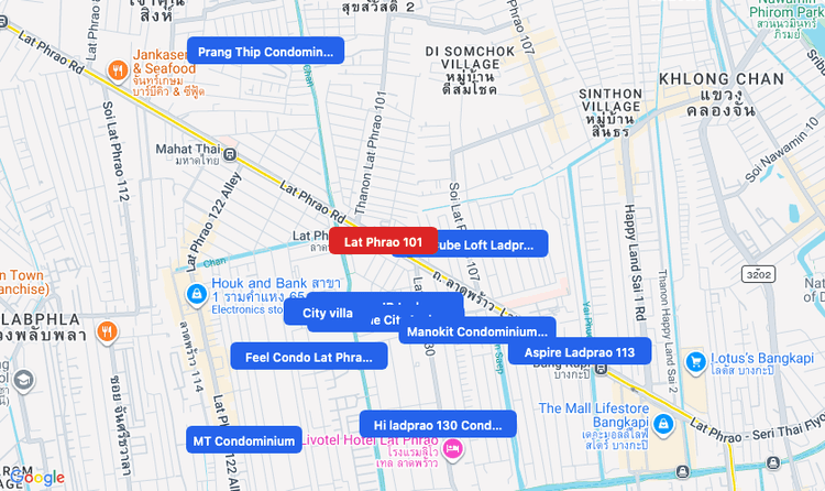 Screenshot of Lat Phrao 101 (MRT Yellow) area showing nearby condos and landmarks in Bangkok
