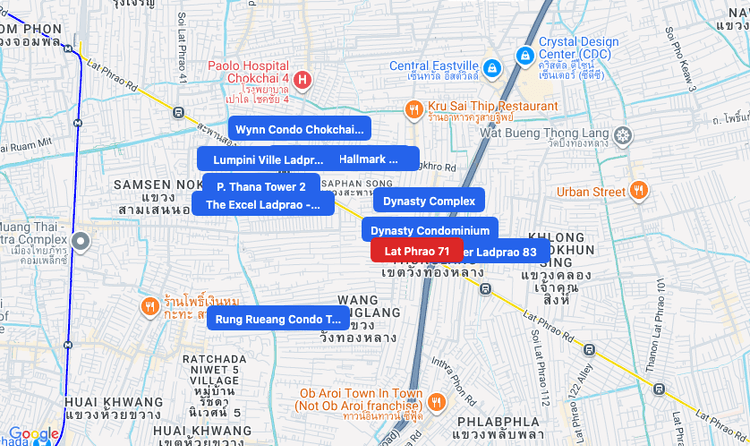 Screenshot of Lat Phrao 71 (MRT Yellow) area showing nearby condos and landmarks in Bangkok
