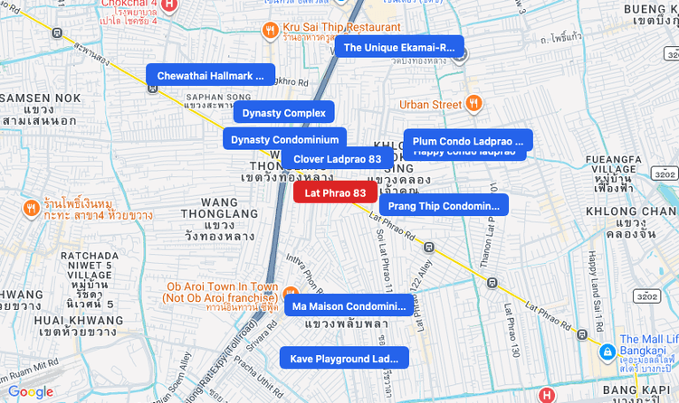 Screenshot of Lat Phrao 83 (MRT Yellow) area showing nearby condos and landmarks in Bangkok