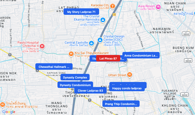 Screenshot of Lat Phrao 87 (area) area showing nearby condos and landmarks in Bangkok