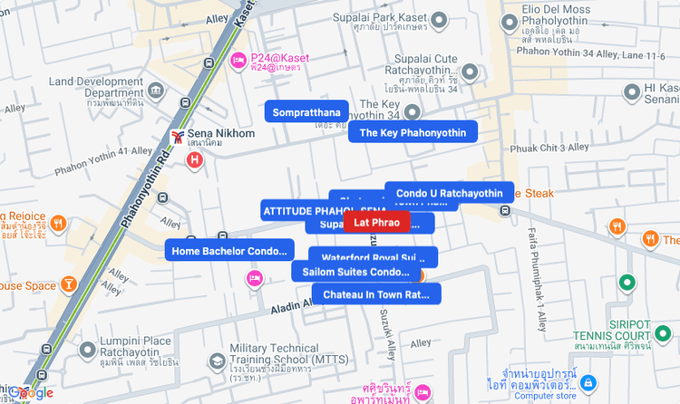 Screenshot of Lat Phrao (area) area showing nearby condos and landmarks in Bangkok