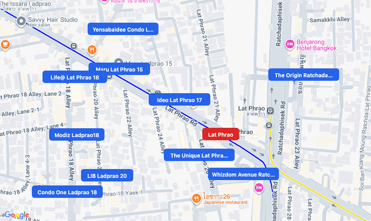 Screenshot of Lat Phrao (area) area showing nearby condos and landmarks in Bangkok