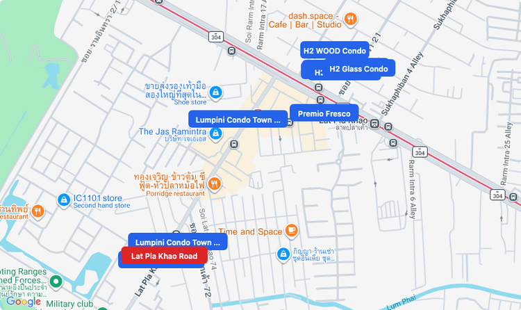 Screenshot of Lat Pla Khao Road (area) area showing nearby condos and landmarks in Bangkok