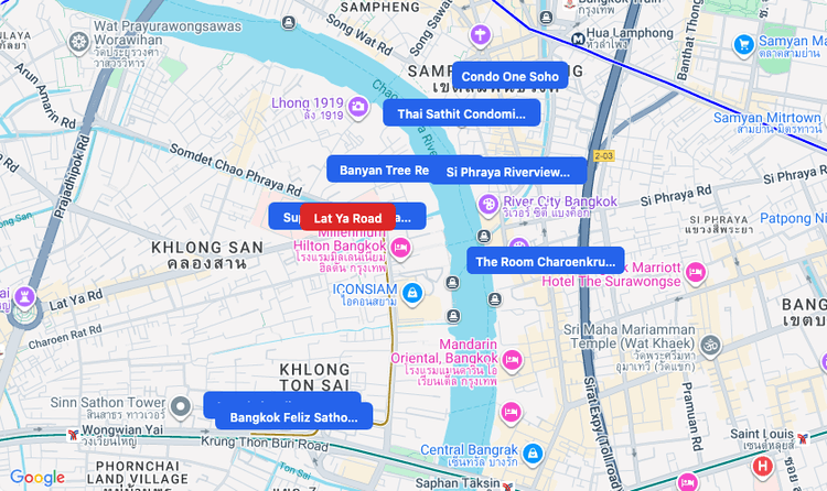 Screenshot of Lat Ya Road (area) area showing nearby condos and landmarks in Bangkok
