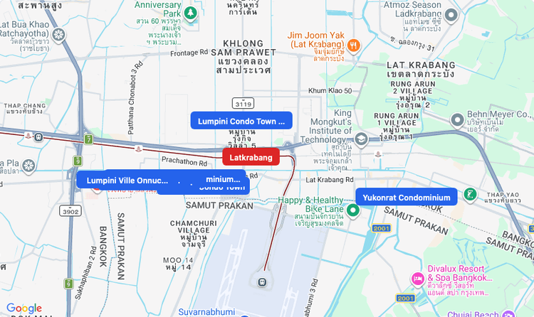Screenshot of Latkrabang (ARL) area showing nearby condos and landmarks in Bangkok