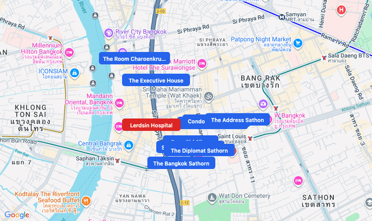 Screenshot of Lerdsin Hospital (hospital) area showing nearby condos and landmarks in Bangkok