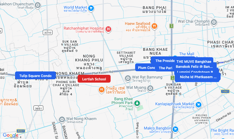 Screenshot of Lertlah School (school) area showing nearby condos and landmarks in Bangkok
