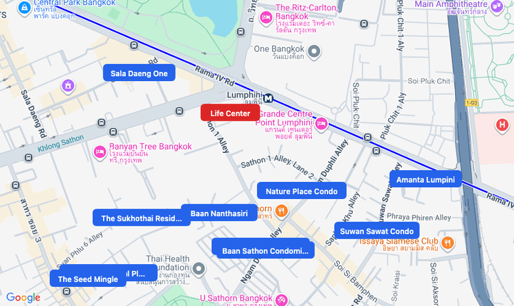 Screenshot of Life Center (shopping) area showing nearby condos and landmarks in Bangkok