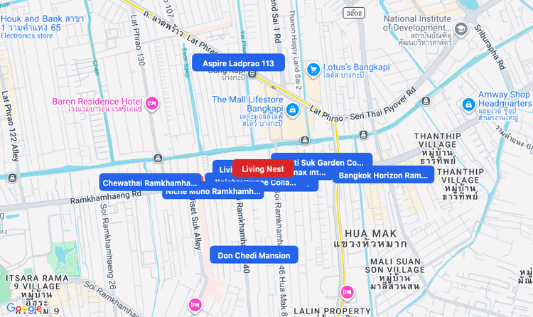 Screenshot of Living Nest (area) area showing nearby condos and landmarks in Bangkok