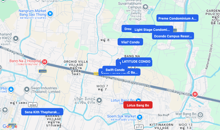 Screenshot of Lotus Bang Bo (supermarket) area showing nearby condos and landmarks in Bangkok