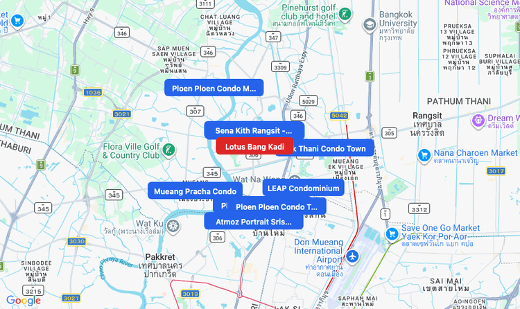 Screenshot of Lotus Bang Kadi (shopping) area showing nearby condos and landmarks in Bangkok