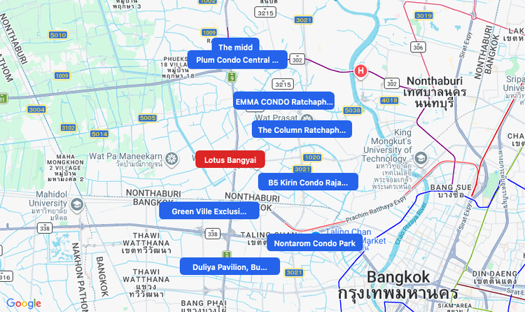 Screenshot of Lotus Bangyai (shopping) area showing nearby condos and landmarks in Bangkok