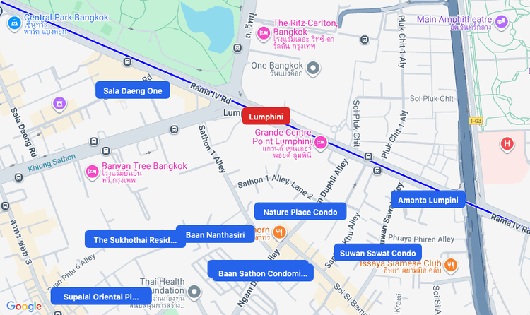 Screenshot of Lumphini (area) area showing nearby condos and landmarks in Bangkok