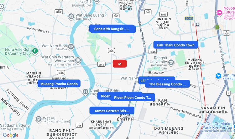 Screenshot of M (shopping) area showing nearby condos and landmarks in Bangkok