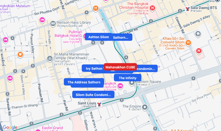 Screenshot of Mahanakhon CUBE (shopping) area showing nearby condos and landmarks in Bangkok