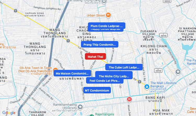 Screenshot of Mahat Thai (MRT Yellow) area showing nearby condos and landmarks in Bangkok